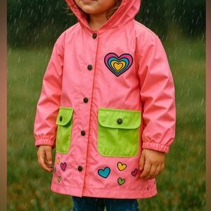 Lilly of New York Girls Pink Heart Rain Jacket Hooded Waterproof Size 4/5